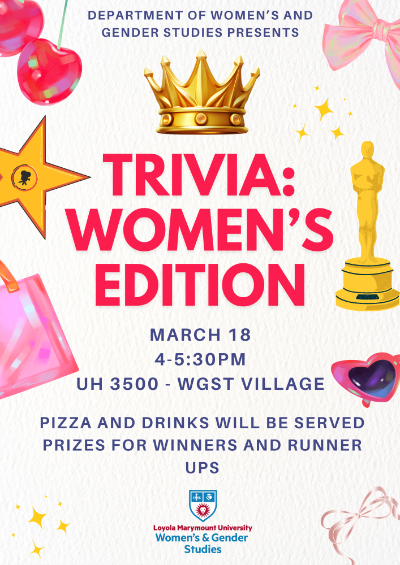 Flyer sharing information on WGST Trivia event, taking place on March 18, 4-5:30pm UH 3500.